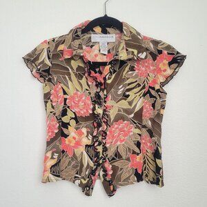 Vintage Boho Floral Cap Sleeve Button Up Fitted Blouse Tan Pink Size Small